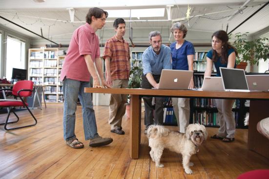 Wilson and key members of the BuildingGreen team (left to right): Tristan Roberts, EBN managing editor and LEEDuser product manager; Nadav Malin, president; Wilson; Jerelyn Wilson, outreach director; and Jennifer Atlee, research director. Also pictured: Malin's dog Abby.