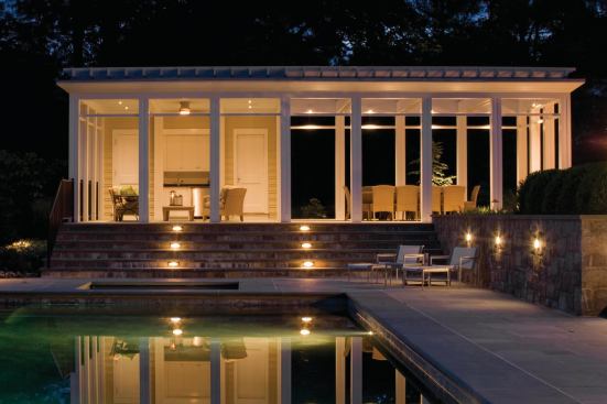 Inspired by a traditional Indian building type, this pavilion offers an elevated perspective on the adjacent swimming pool.

