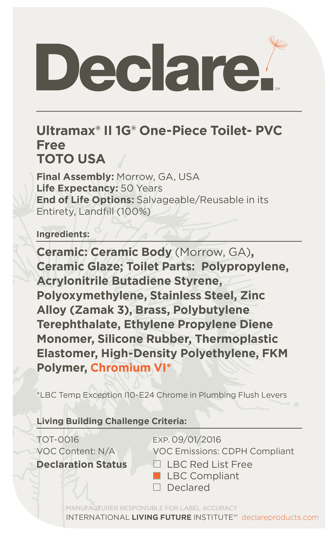 Declare Label Example Toto Earns First Declare Label for Toilets