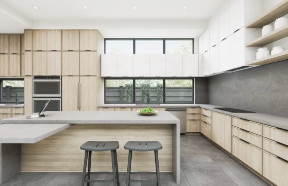 The kitchen features a waterfall island, built-in appliances, ample cabinetry, and a sink area that looks out to a vertical herb garden. 