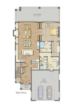 Luxury house plan for a narrow lot, main floor. See details at Houseplans.