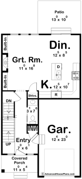 Victorian house plan for a narrow lot, main level. See more views at Houseplans.