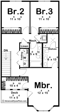 Victorian house plan for a narrow lot, upper level. See more views at Houseplans.