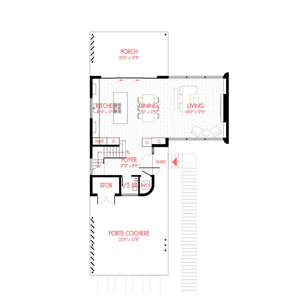 Floor plan of a simple home design with an open layout, a carport, and porch