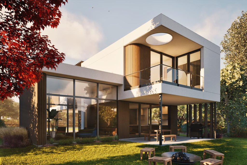 Rear exterior view of a modest house with a glass-enclosed living room and a large porch