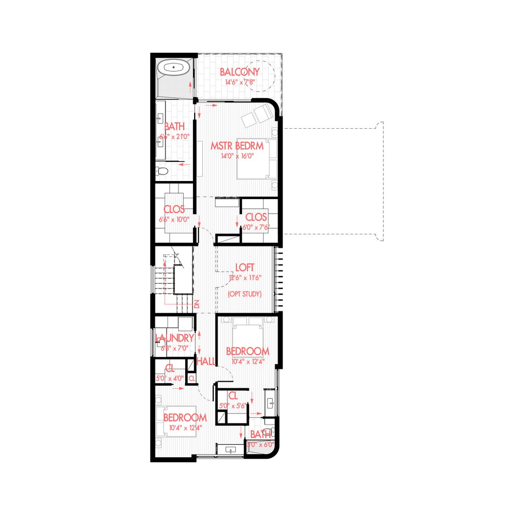 Floor plan of the upper level of a narrow house with three bedrooms, a loft, and a balcony