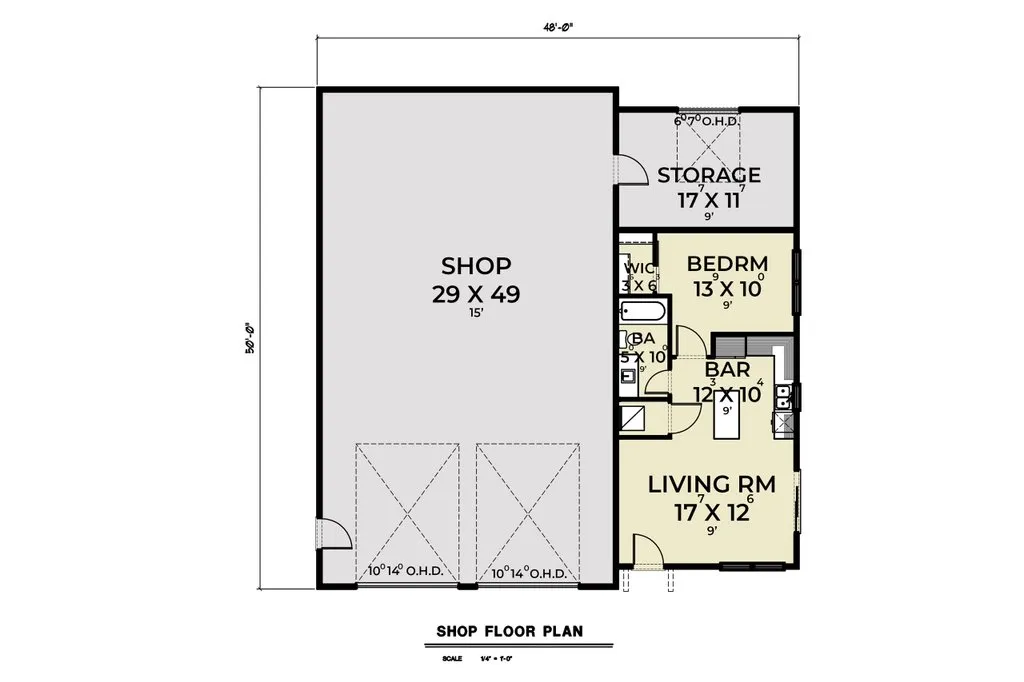 ADU house plan with workshop and large garage, floor plan.