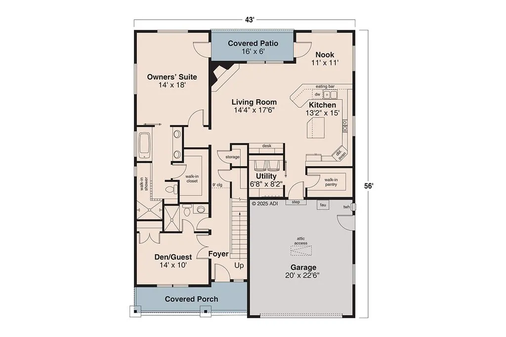 2,477 sq. ft. bungalow house plan with flex room, main level.