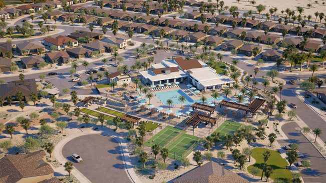 An aerial rendering of the Del Webb Explore Palm Desert community in southern California.