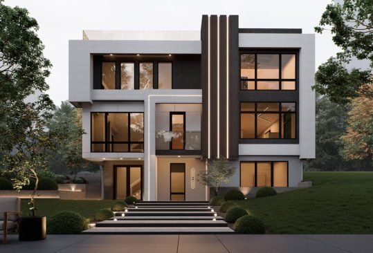 Modern house plan with walkout basement, front exterior. See details at Houseplans.