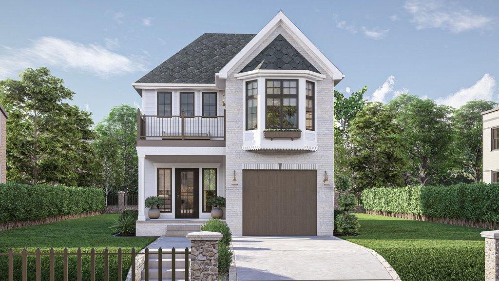 Victorian house plan for a narrow lot, front exterior. See more views at Houseplans.
