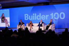 From left, PulteGroup chief operating officer Matt Koart, Taylor Morrison chairman and CEO Sheryl Palmer, and LGI Homes chairman and CEO Eric Lipar speak with Zonda chief advisory officer Tim Sullivan during the "Building Tomorrow Today: Public Builder Leader Spotlight" panel on Day Two of the Builder 100 Conference.